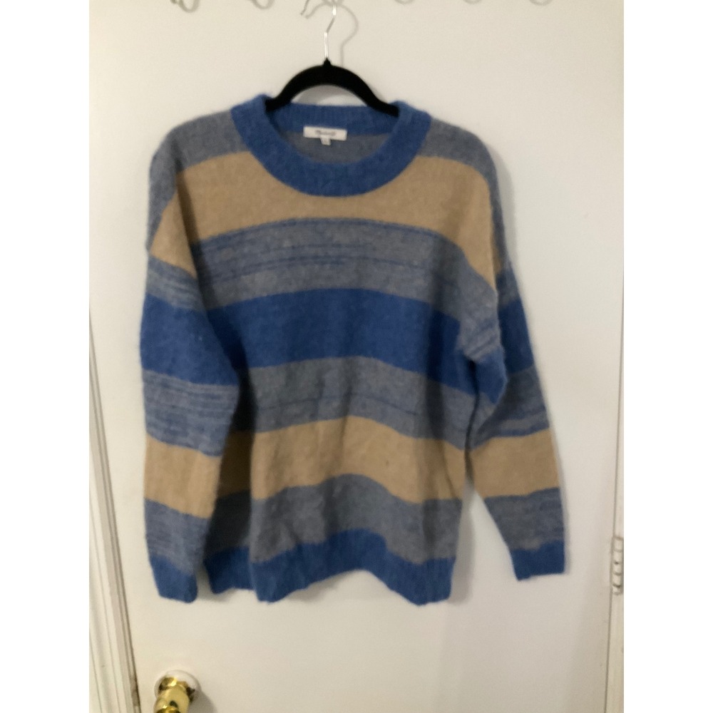 Madewell Striped Fuzzy Crewneck Sweater Blue Tan Grey Size Medium